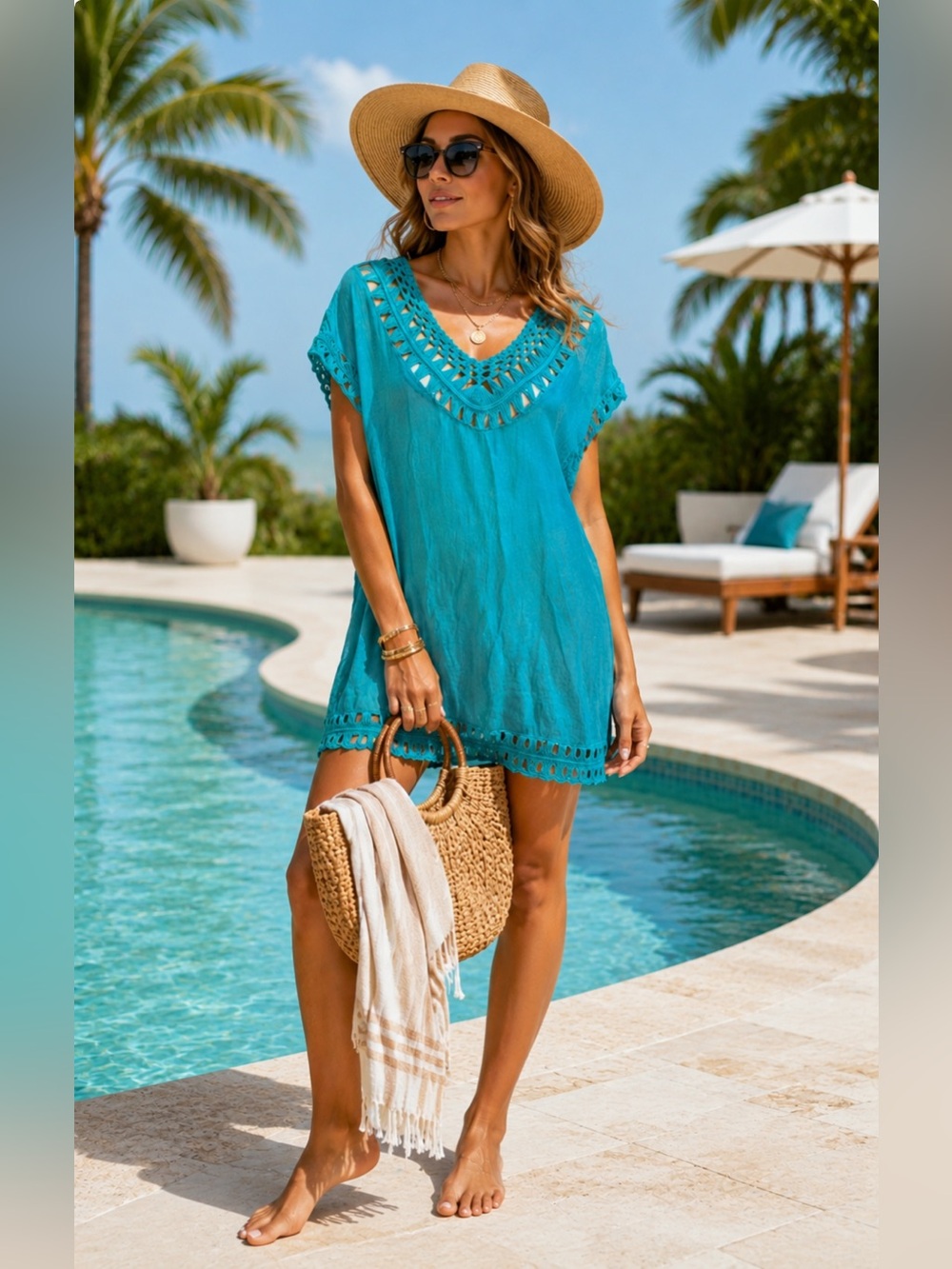 Turquoise Crochet-Trim Beach Vacation Cover-Up Dress